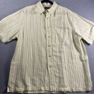 Roundtree & Yorke yellow with blue stripes Casual Button Down Shirt large linen